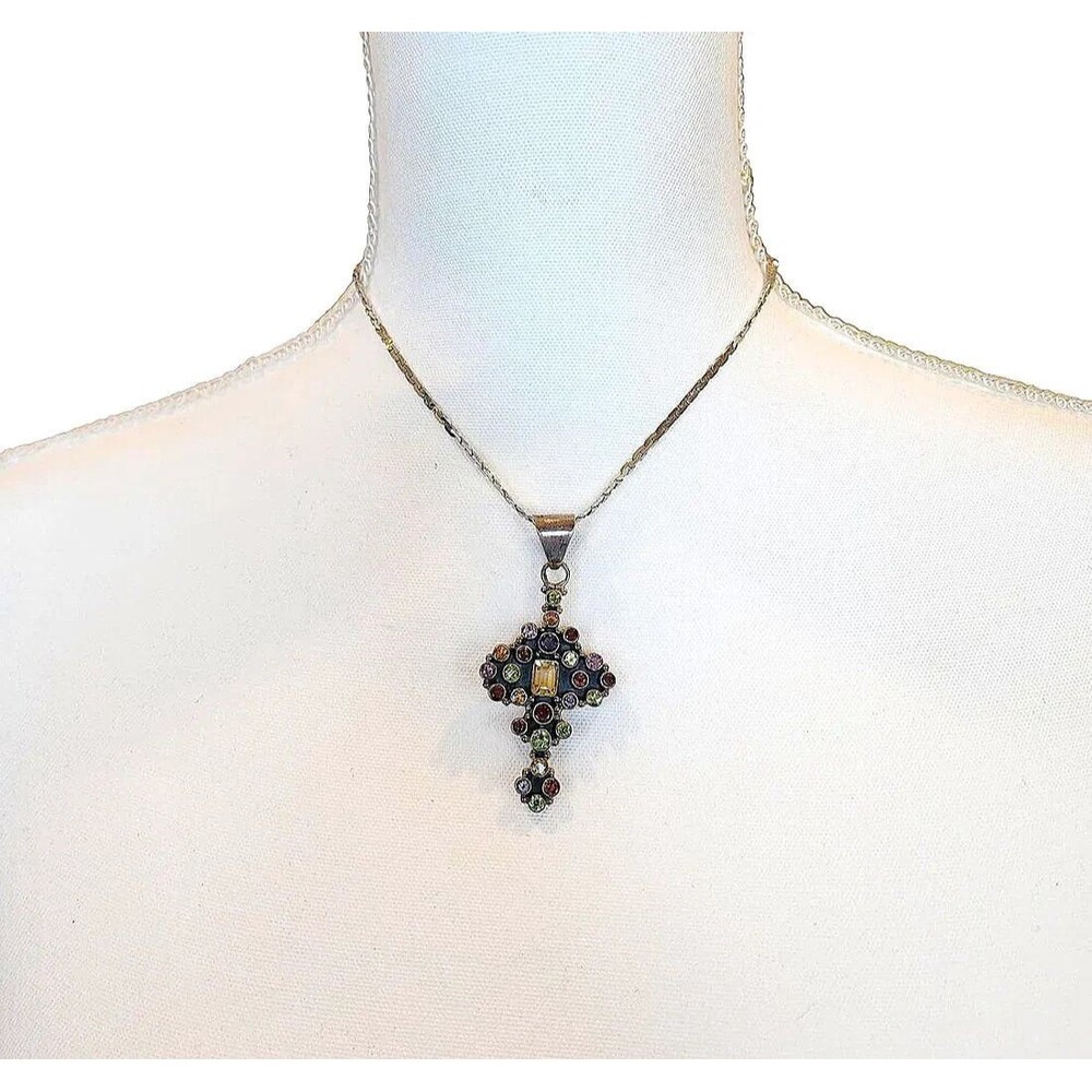Gemstone Cross Pendant. Multi-stones set in Sterling Silver - 16"